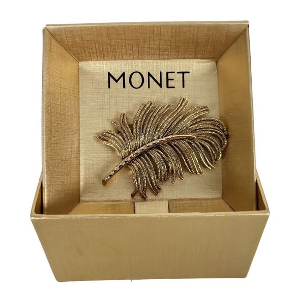 Vintage Monet Gold Ostrich Feather Rhinestones Brooch - Picture 1 of 6